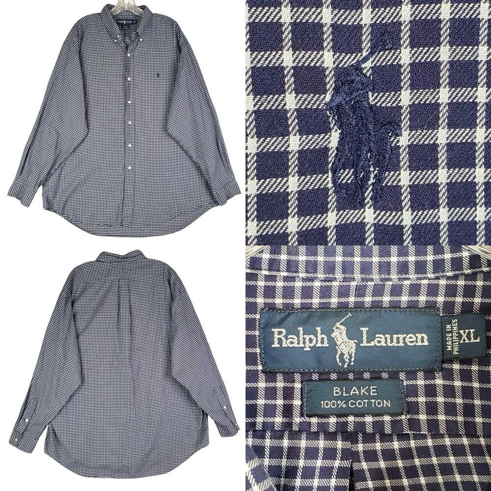 Polo Ralph Lauren Oxford Shirt Men's Size XL Navy Blue Plaid LS Button Down